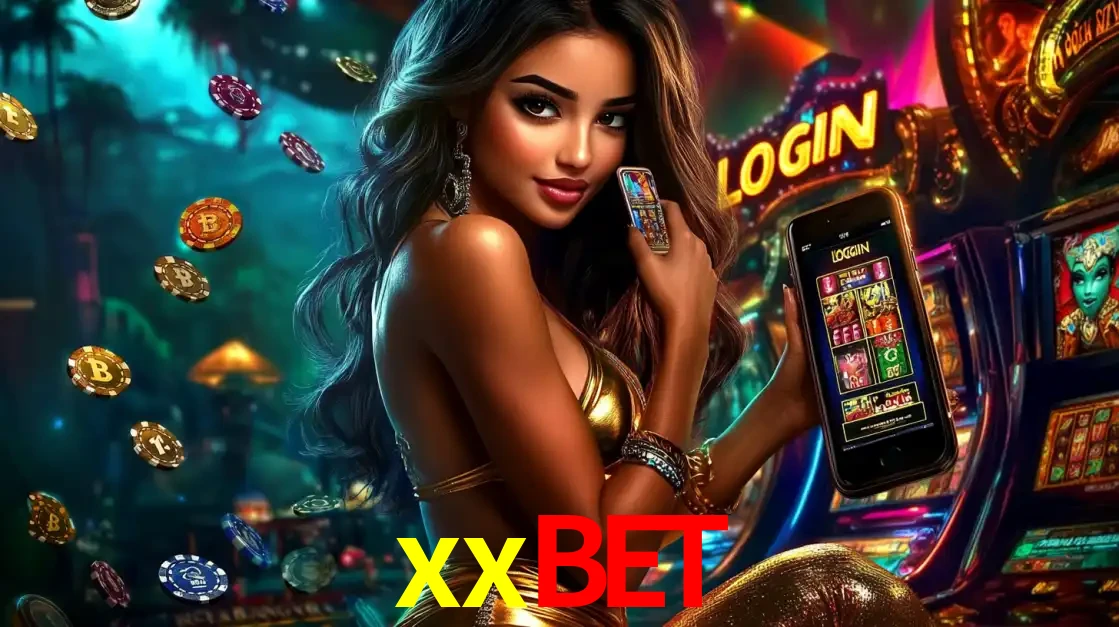 Mulher em um cenário de cassino temático de aventura, mostrando o app de caça-níqueis da xxbet no celular. Fichas de apostas flutuam ao redor.