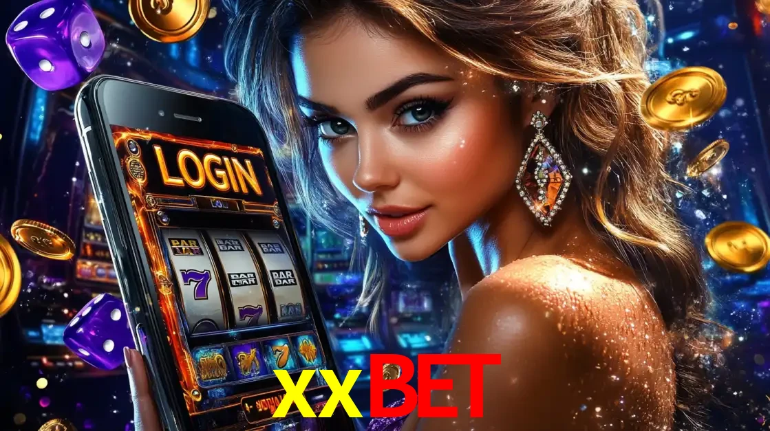 Mulher glamorosa segurando um smartphone com a tela de login para os jogos de caça-níqueis do cassino online xxbet, com moedas de ouro e dados ao redor.