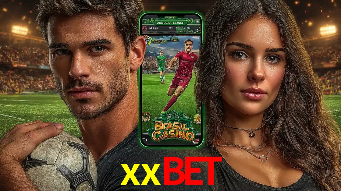 Homem segurando uma bola de futebol e uma mulher ao lado de um smartphone exibindo o jogo de apostas esportivas da xxbet. Faça seu palpite no cassino online.